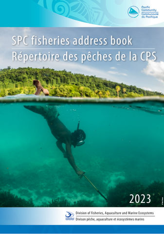 Cover of the SPC fisheries address book 2023 showing someone spearfishing underwater