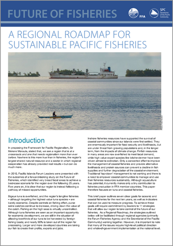 Cover of the Regional Roadmap for Sustainable Pacific Fisheries showing a picture with a small boat in front of a larger boat on water and the text of the document.
